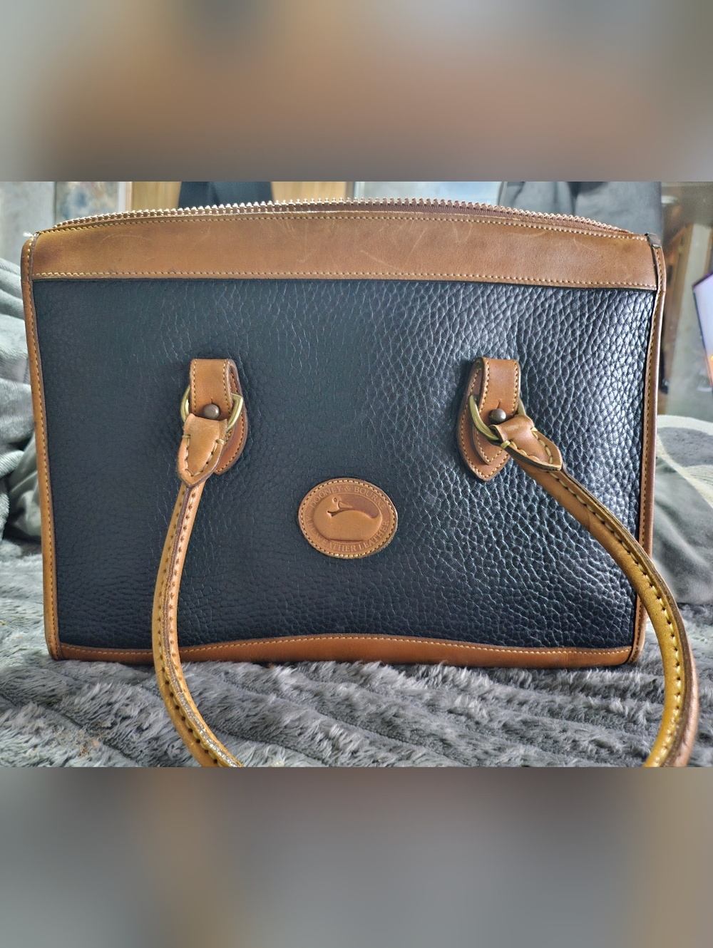 Dooney & Bourke Black Pebbled Leather Satchel with Brown Trim Vintage